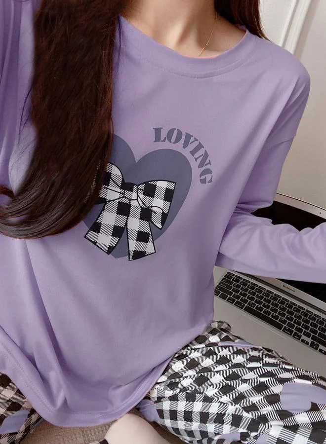 تايك تو طقم بيجاما من بنطال بطبعة مربعات وتيشيرت بأكمام طويلة